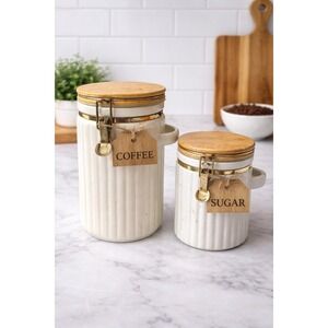 Vintage Ceramic Canister Set Wood Lids Clamp Latch Farmhouse Kitchen Storage B2